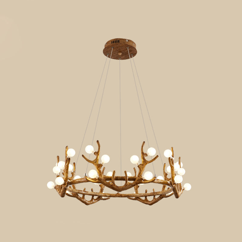 Vintage Resin Brown Led Chandelier Light - Antler Living Room Ceiling Lighting With Frosted Glass