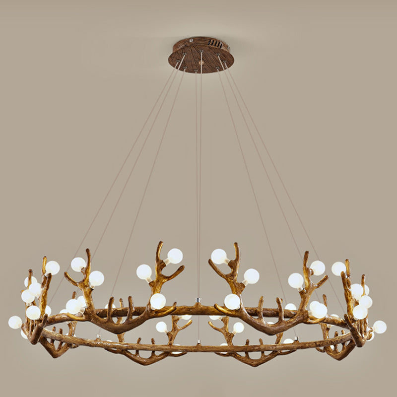 Vintage Resin Brown Led Chandelier Light - Antler Living Room Ceiling Lighting With Frosted Glass