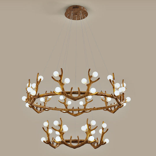 Vintage Resin Brown Led Chandelier Light - Antler Living Room Ceiling Lighting With Frosted Glass