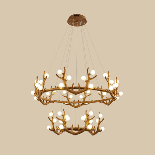 Vintage Resin Brown Led Chandelier Light - Antler Living Room Ceiling Lighting With Frosted Glass