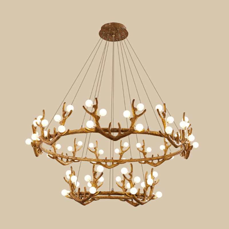 Vintage Resin Brown Led Chandelier Light - Antler Living Room Ceiling Lighting With Frosted Glass