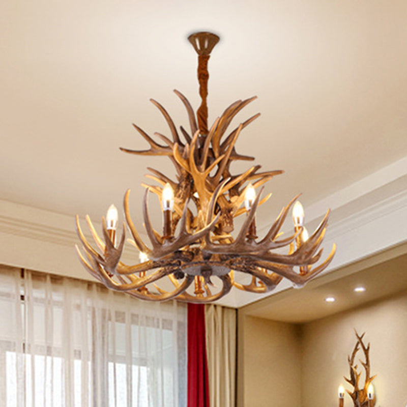 Deer Horn Ceiling Light - Brown Resin Traditional Chandelier For Living Room