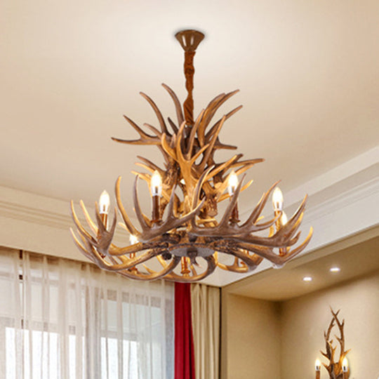 Deer Horn Ceiling Light - Brown Resin Traditional Chandelier For Living Room