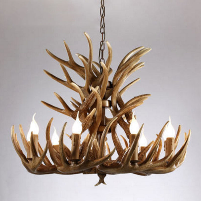 Deer Horn Ceiling Light - Brown Resin Traditional Chandelier For Living Room