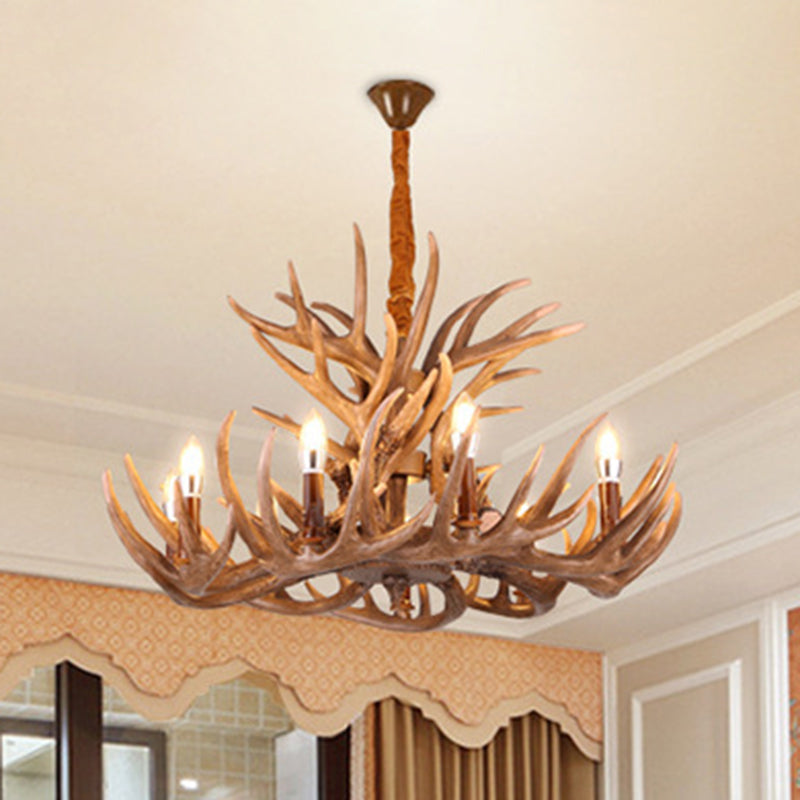 Deer Horn Ceiling Light - Brown Resin Traditional Chandelier For Living Room