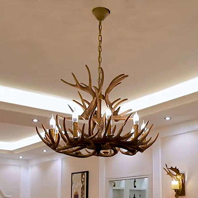 Deer Horn Ceiling Light - Brown Resin Traditional Chandelier For Living Room