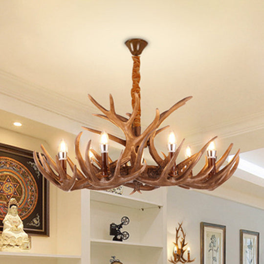 Deer Horn Ceiling Light - Brown Resin Traditional Chandelier For Living Room