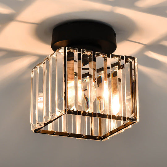 Black Contemporary Geometric Flush Mount Ceiling Light With Tri-Prism Crystal - 1-Light Hallway