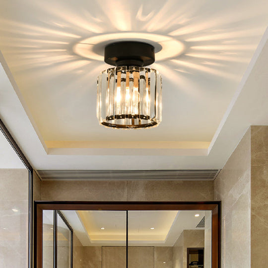 Black Contemporary Geometric Flush Mount Ceiling Light With Tri-Prism Crystal - 1-Light Hallway