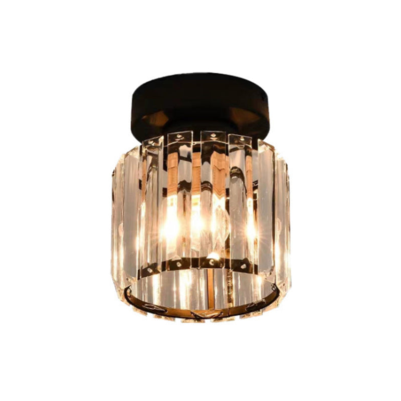 Black Contemporary Geometric Flush Mount Ceiling Light With Tri-Prism Crystal - 1-Light Hallway