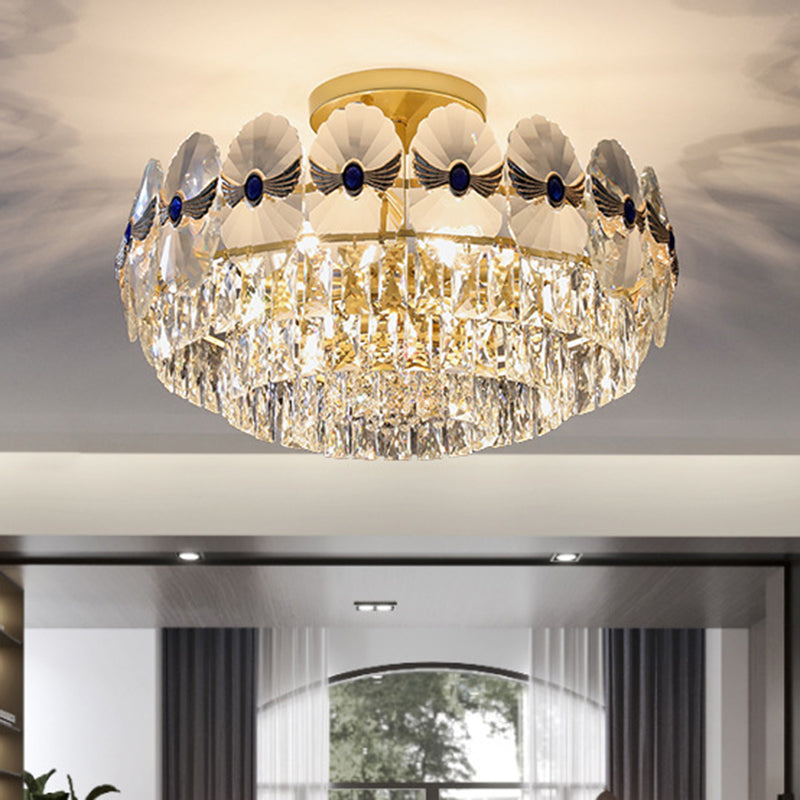 Gold Tiered Semi Flush Crystal Ceiling Light Fixture - Elegant Living Room Décor