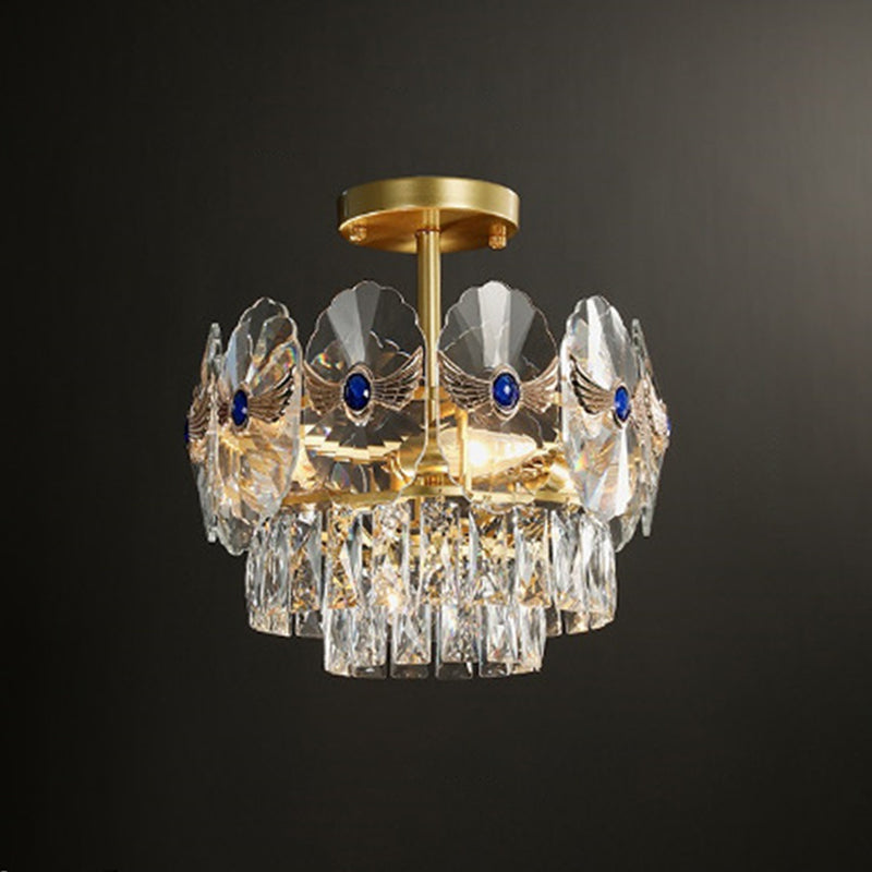 Gold Tiered Semi Flush Crystal Ceiling Light Fixture - Elegant Living Room Décor