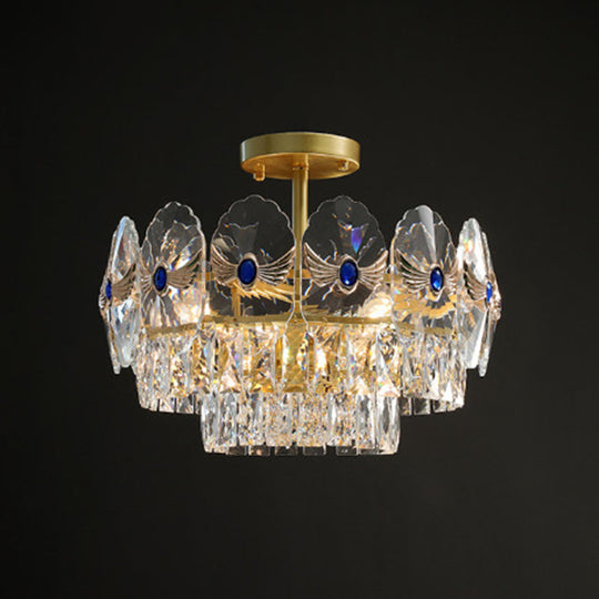 Gold Tiered Semi Flush Crystal Ceiling Light Fixture - Elegant Living Room Décor