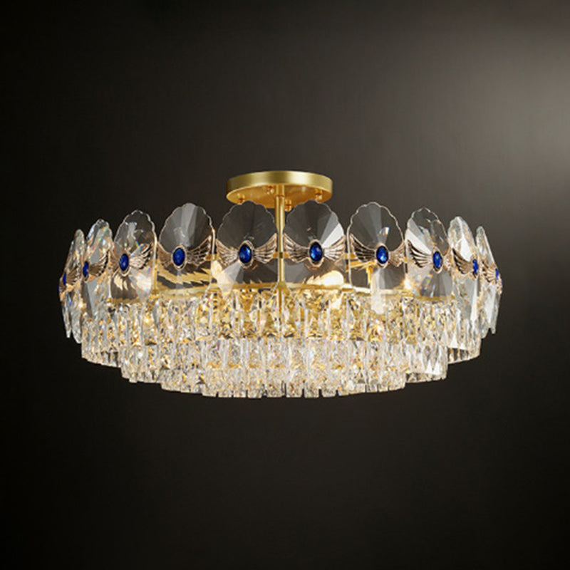 Gold Tiered Semi Flush Crystal Ceiling Light Fixture - Elegant Living Room Décor