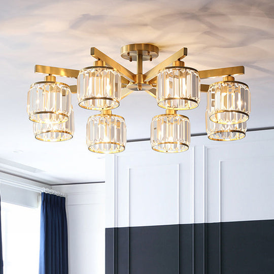 Modern Gold Semi Flush Mount Ceiling Light with Metallic Radial Design and Crystal Cylinder Shade