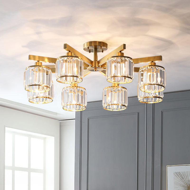 Modern Gold Semi Flush Mount Ceiling Light with Metallic Radial Design and Crystal Cylinder Shade