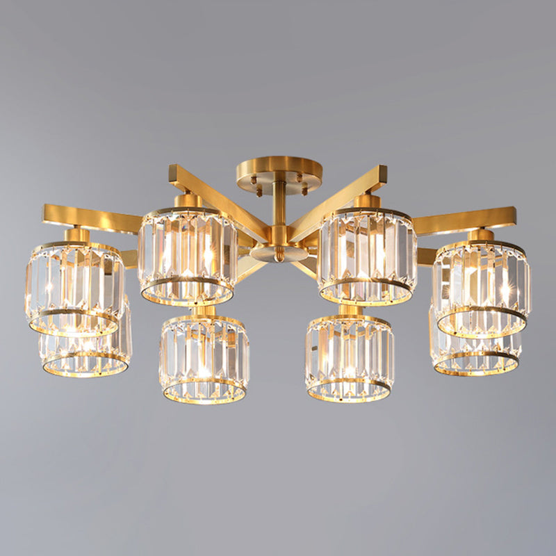 Modern Gold Semi Flush Mount Ceiling Light With Metallic Radial Design And Crystal Cylinder Shade