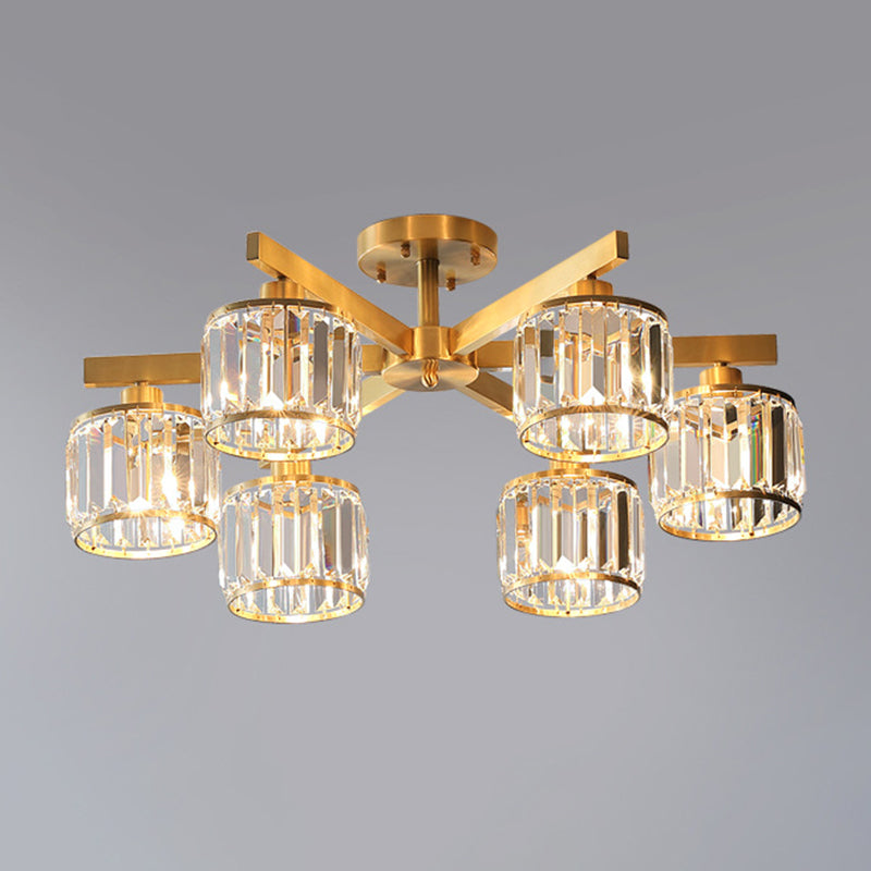 Modern Gold Semi Flush Mount Ceiling Light with Metallic Radial Design and Crystal Cylinder Shade