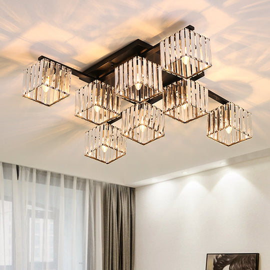 Clear Crystal Cube Living Room Flush Mount Ceiling Light with 8 Bulbs - Simplicity and Style