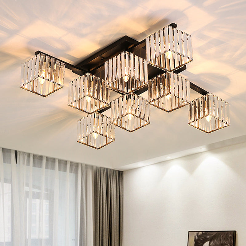 Clear Crystal Cube Living Room Flush Mount Ceiling Light With 8 Bulbs - Simplicity And Style Black