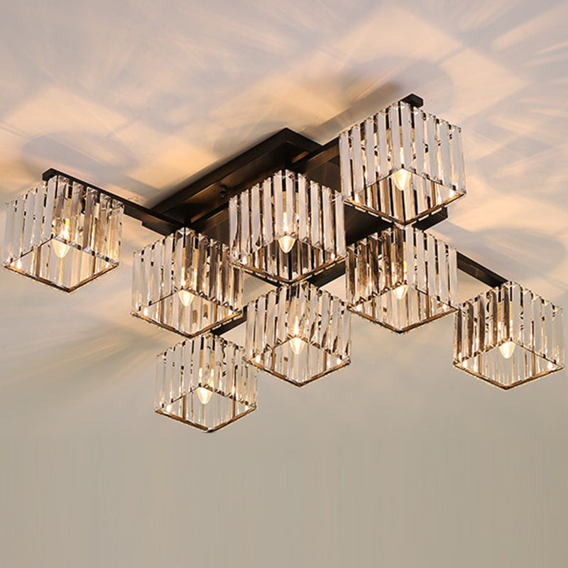 Clear Crystal Cube Living Room Flush Mount Ceiling Light with 8 Bulbs - Simplicity and Style