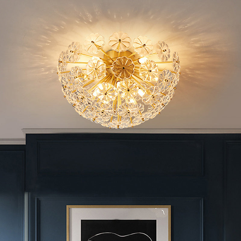 Modern Crystal Flower Brass Flush Mount Ceiling Light for Living Room