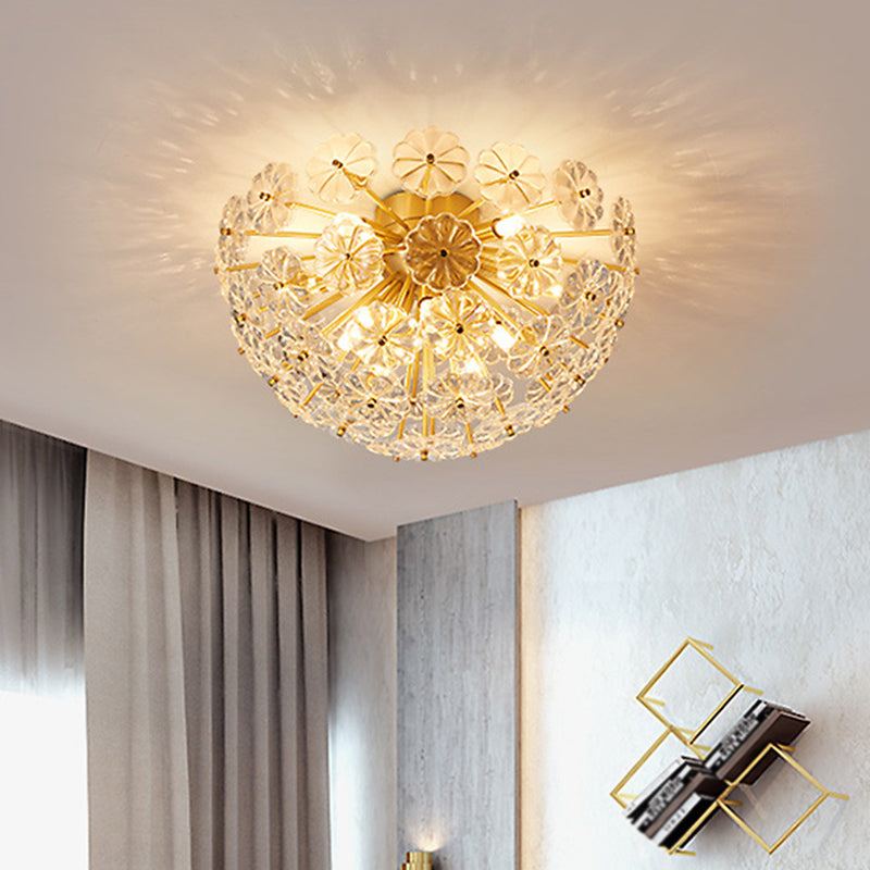 Modern Crystal Flower Brass Flush Mount Ceiling Light for Living Room