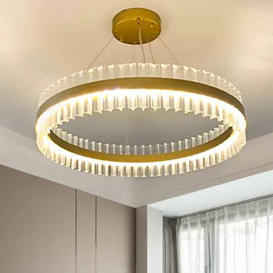 Simplicity Gold Led Crystal Pendant Light - Ring Tri-Prism Design Perfect For Living Room / 15.5 B