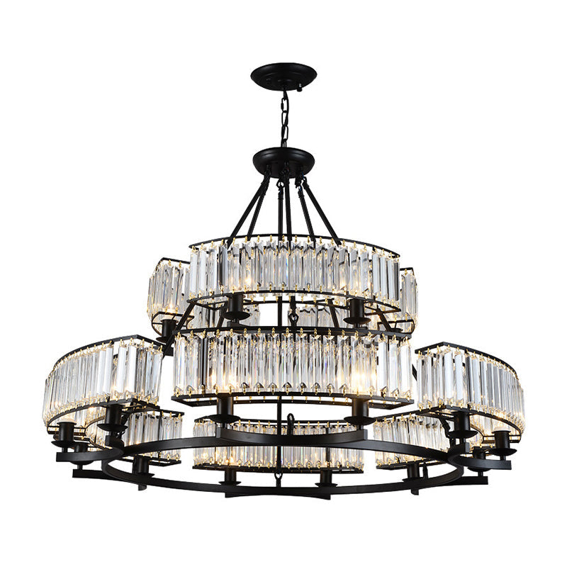 Artistic Ring Suspension Light - Clear Crystal Living Room Chandelier in Black