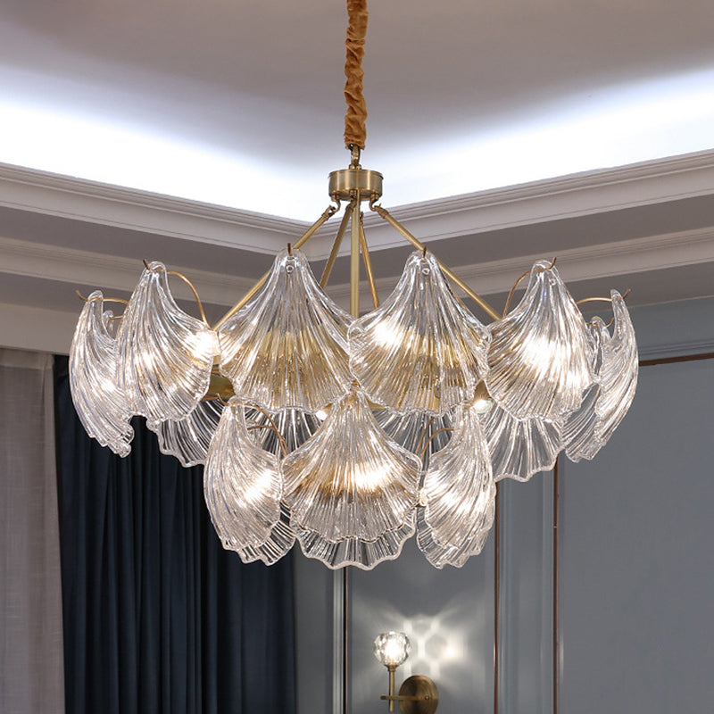 Gold Ribbed Glass Scallop Chandelier Pendant Light Fixture 12 /