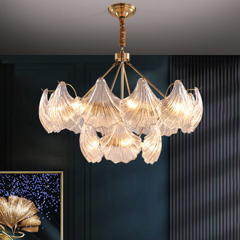 Gold Ribbed Glass Scallop Chandelier Pendant Light Fixture