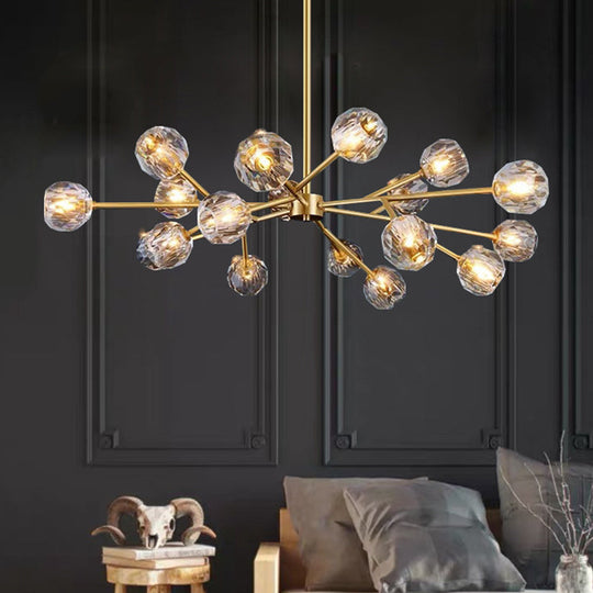 Metal Artistic Chandelier Light With Faceted Crystal Shade In Gold - Branch Living Room Suspension