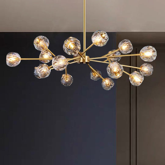 Metal Artistic Chandelier Light With Faceted Crystal Shade In Gold - Branch Living Room Suspension