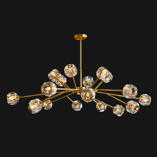 Metal Artistic Chandelier Light With Faceted Crystal Shade In Gold - Branch Living Room Suspension