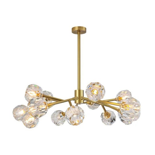 Metal Artistic Chandelier Light With Faceted Crystal Shade In Gold - Branch Living Room Suspension