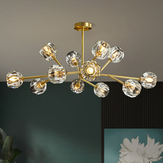 Metal Artistic Chandelier Light With Faceted Crystal Shade In Gold - Branch Living Room Suspension