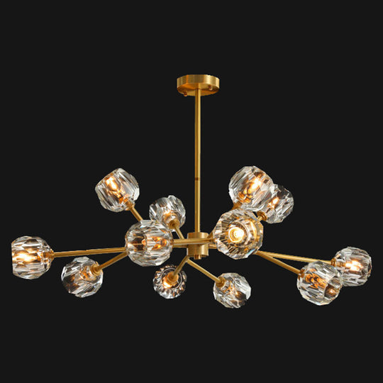 Metal Artistic Chandelier Light With Faceted Crystal Shade In Gold - Branch Living Room Suspension