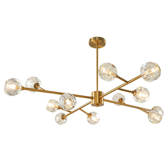 Metal Artistic Chandelier Light With Faceted Crystal Shade In Gold - Branch Living Room Suspension