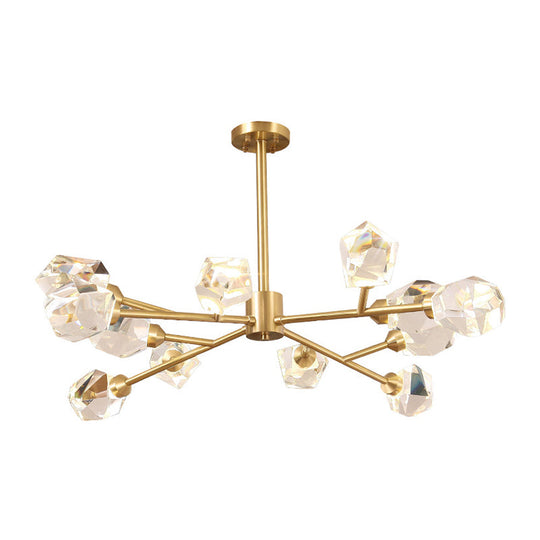 Metallic Pendant Light: Gold Beveled Crystal Shade Minimalist Branch Chandelier For Living Room