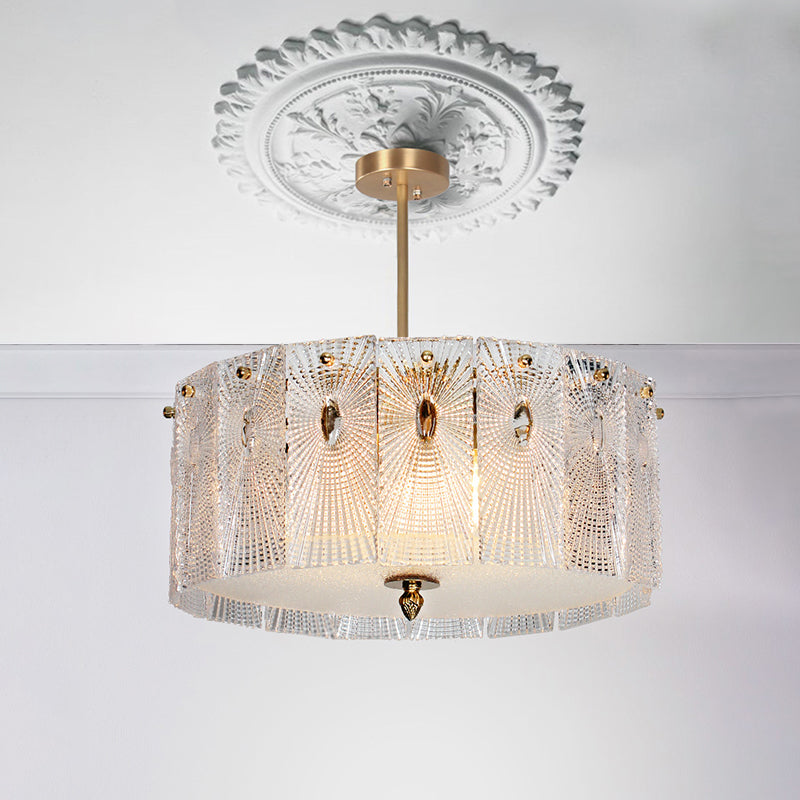 Artistic Clear Carved Glass Chandelier Light - Gold Drum Suspension For Dining Room