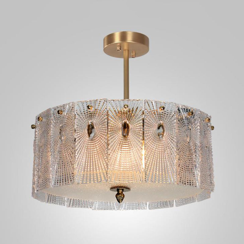 Artistic Clear Carved Glass Chandelier Light - Gold Drum Suspension For Dining Room / 16.5