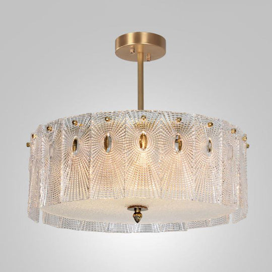 Artistic Clear Carved Glass Chandelier Light - Gold Drum Suspension For Dining Room / 19.5