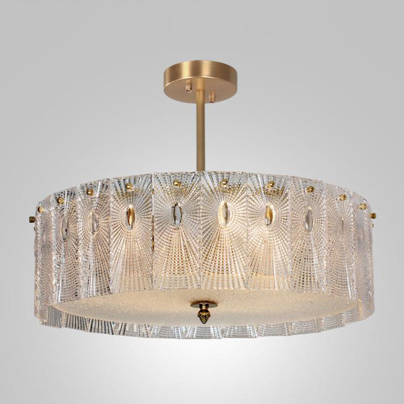 Artistic Clear Carved Glass Chandelier Light - Gold Drum Suspension For Dining Room / 23.5