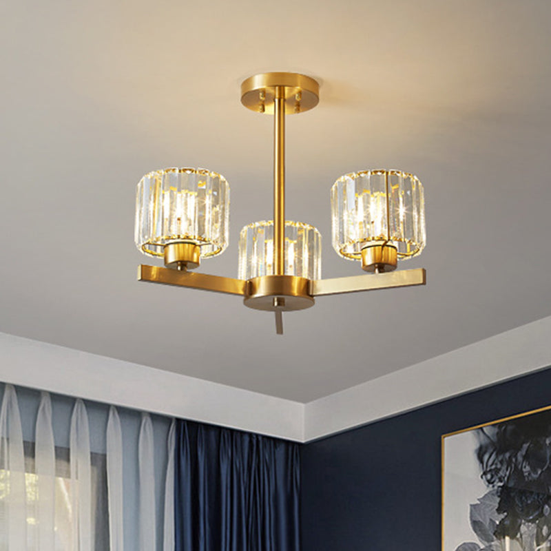 Sleek 3-Light Gold Pendant Chandelier With Cylinder Tri-Prism Crystal Accents - Simplicity In Design