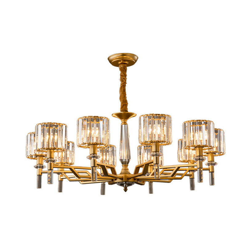 Gold Radiating Suspension Light: Artistic Metallic Chandelier With Crystal Shade For Living Room