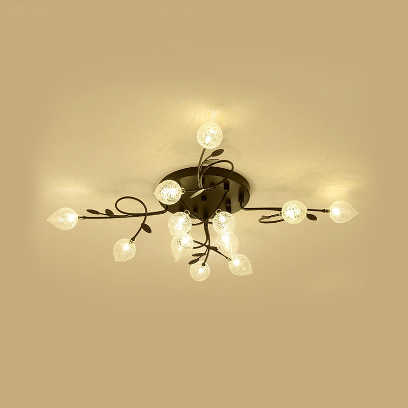 Contemporary Bubbled Glass Branch Ceiling Light - 8/12/16/20 Lights - Black/Gold Flush Mount Fixture