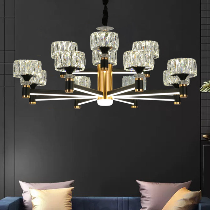 Faceted Crystal Postmodern Chandelier - Round Shade Ceiling Light for Living Room in Black