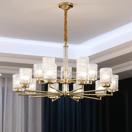 Modern Cylindrical Pendant Chandelier with Beveled Crystal in Gold – Ideal for Living Rooms