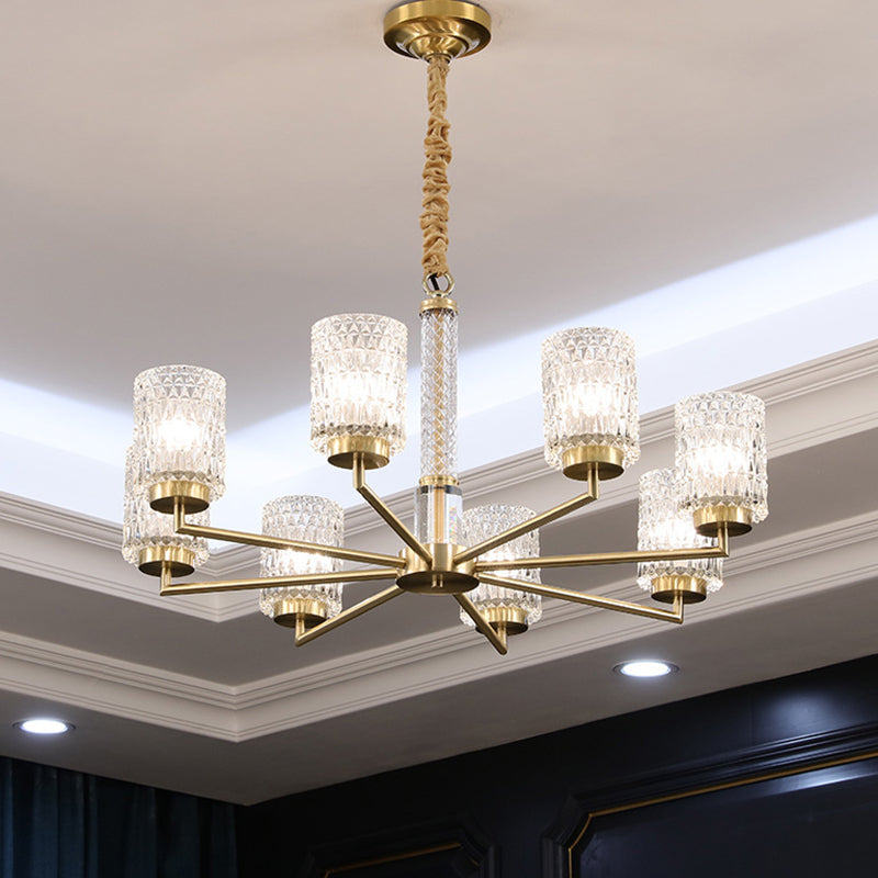 Modern Cylindrical Pendant Chandelier with Beveled Crystal in Gold – Ideal for Living Rooms