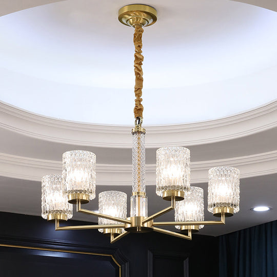 Modern Cylindrical Pendant Chandelier with Beveled Crystal in Gold – Ideal for Living Rooms